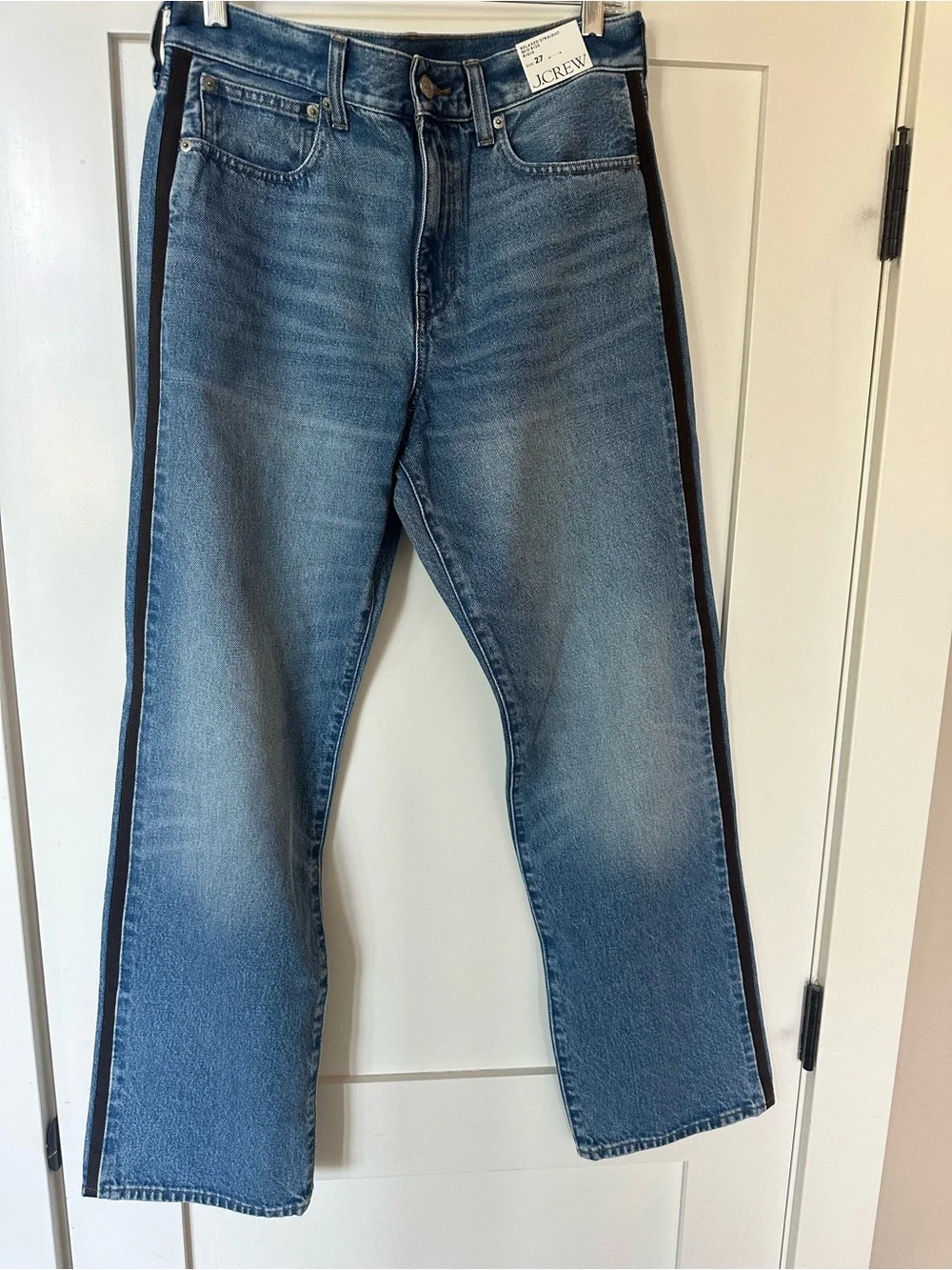 J. Crew Medium Blue Denim Bootcut Jeans with Black Side Stripes